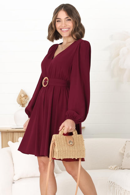 Lyna Mini Dress - A Line Dress with Statement Rattan Buckle Belt in Wine
