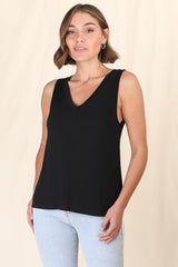 Sienna Tank Top - Soft V Neck Slight High-Low Top in Black