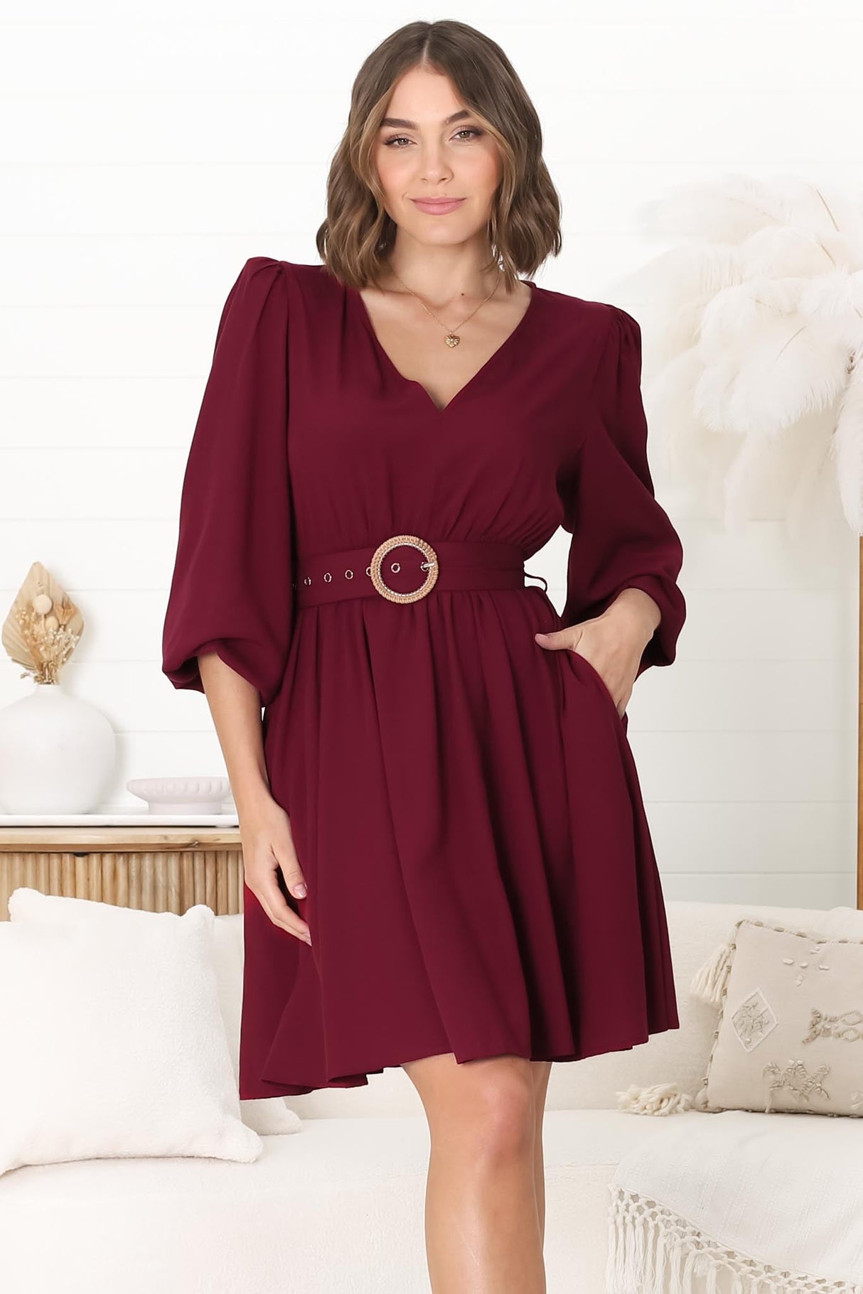 Lyna Mini Dress - A Line Dress with Statement Rattan Buckle Belt in Wine