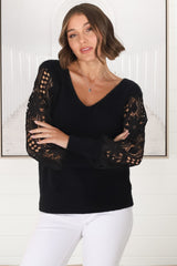 Romina Jumper - V Neck Lace Sleeve Jumper in Black