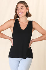 Sienna Tank Top - Soft V Neck Slight High-Low Top in Black