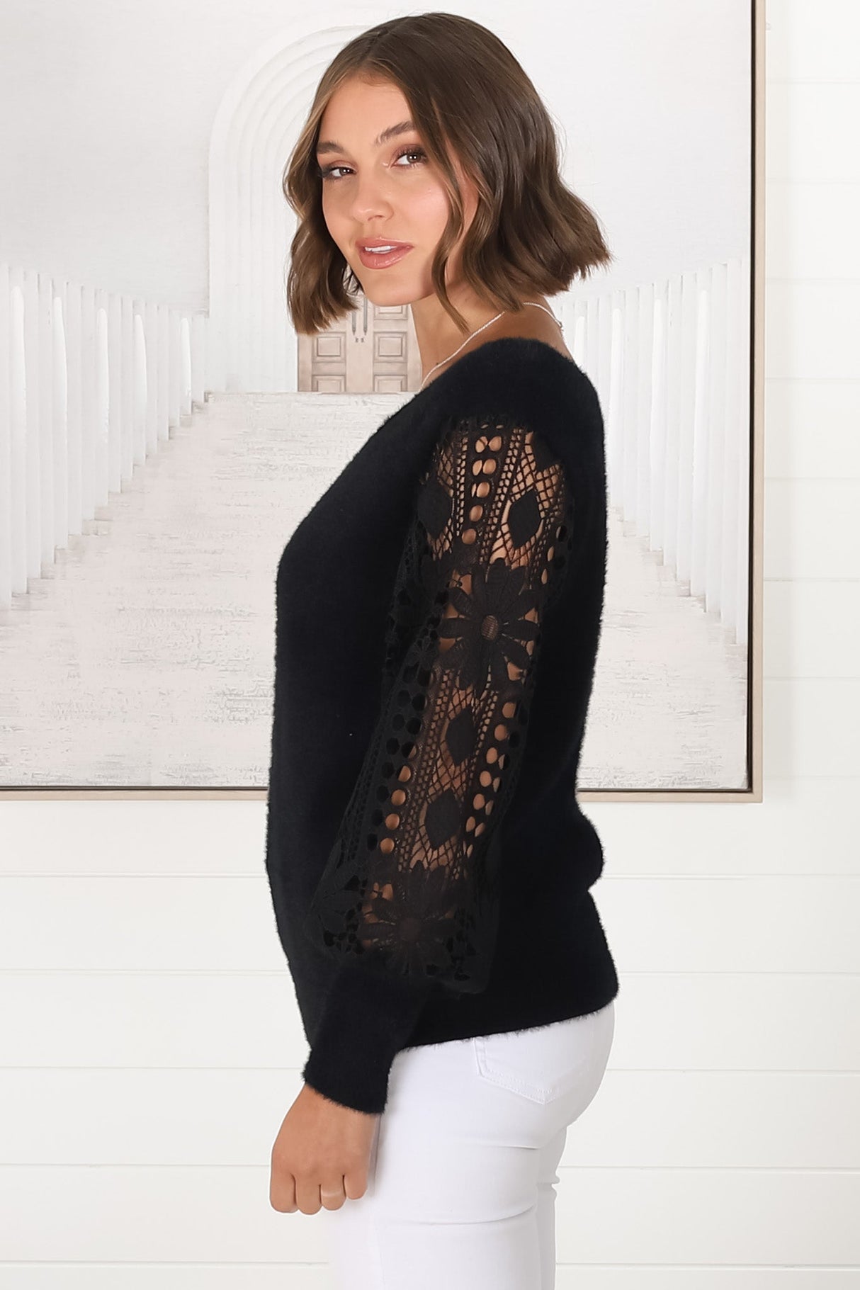 Romina Jumper - V Neck Lace Sleeve Jumper in Black