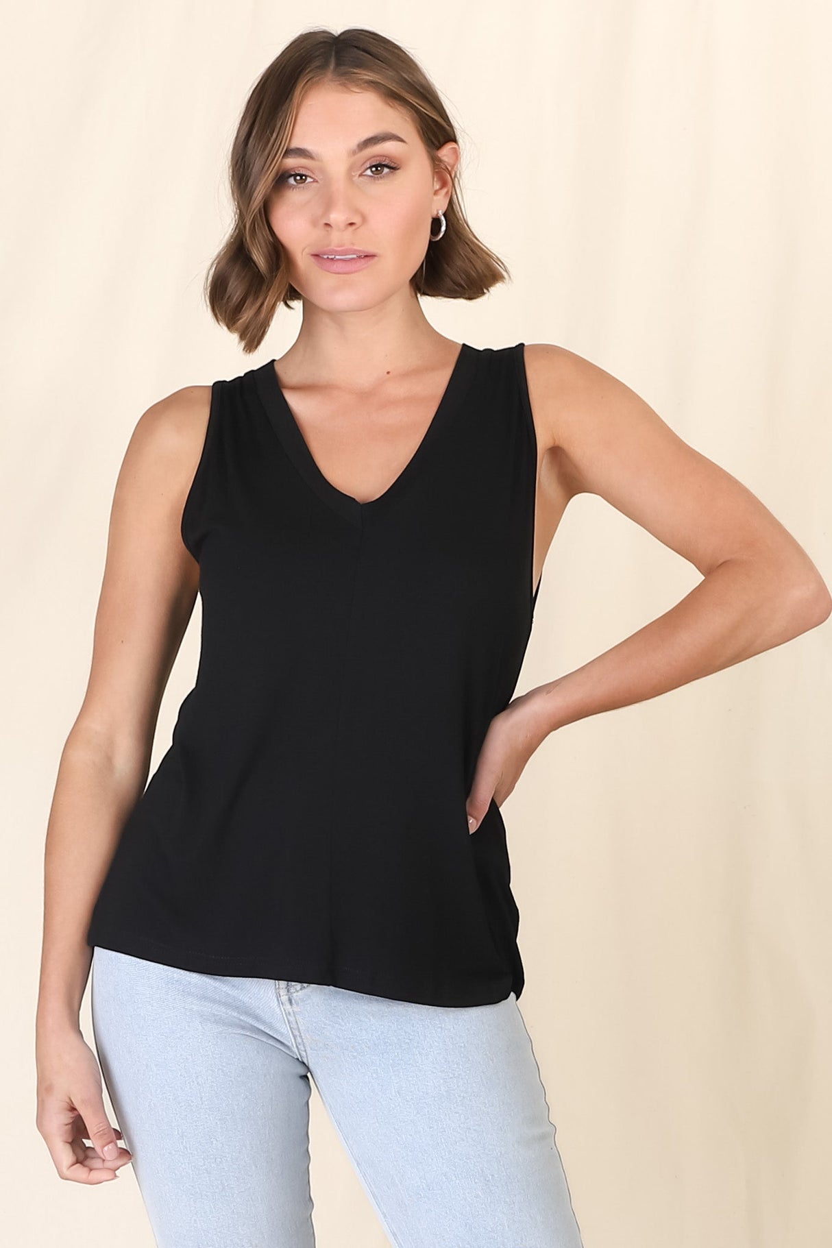 Sienna Tank Top - Soft V Neck Slight High-Low Top in Black