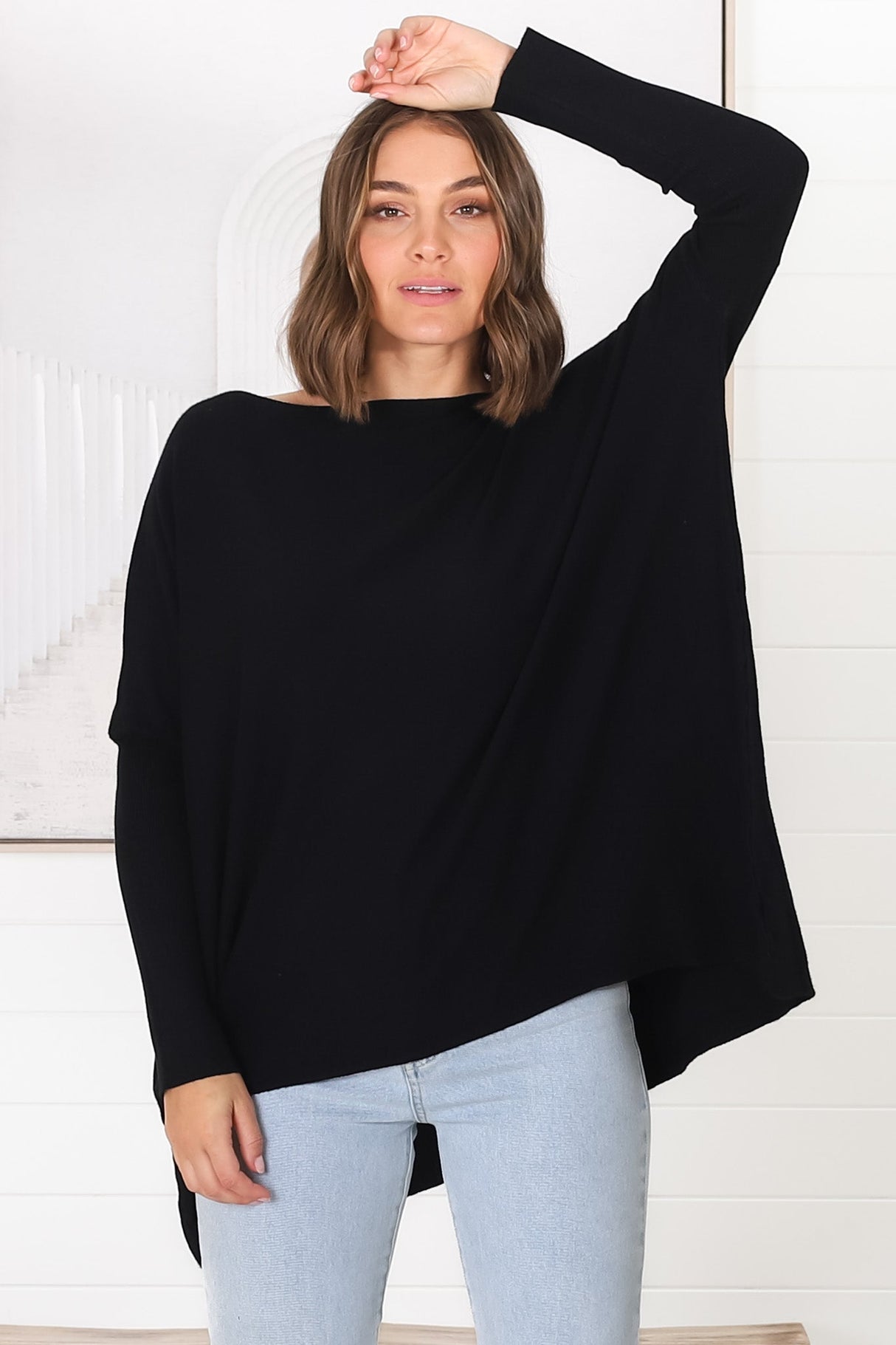 Belinda Knit Top - Boat Neckline Boxy Batwing Top in Black