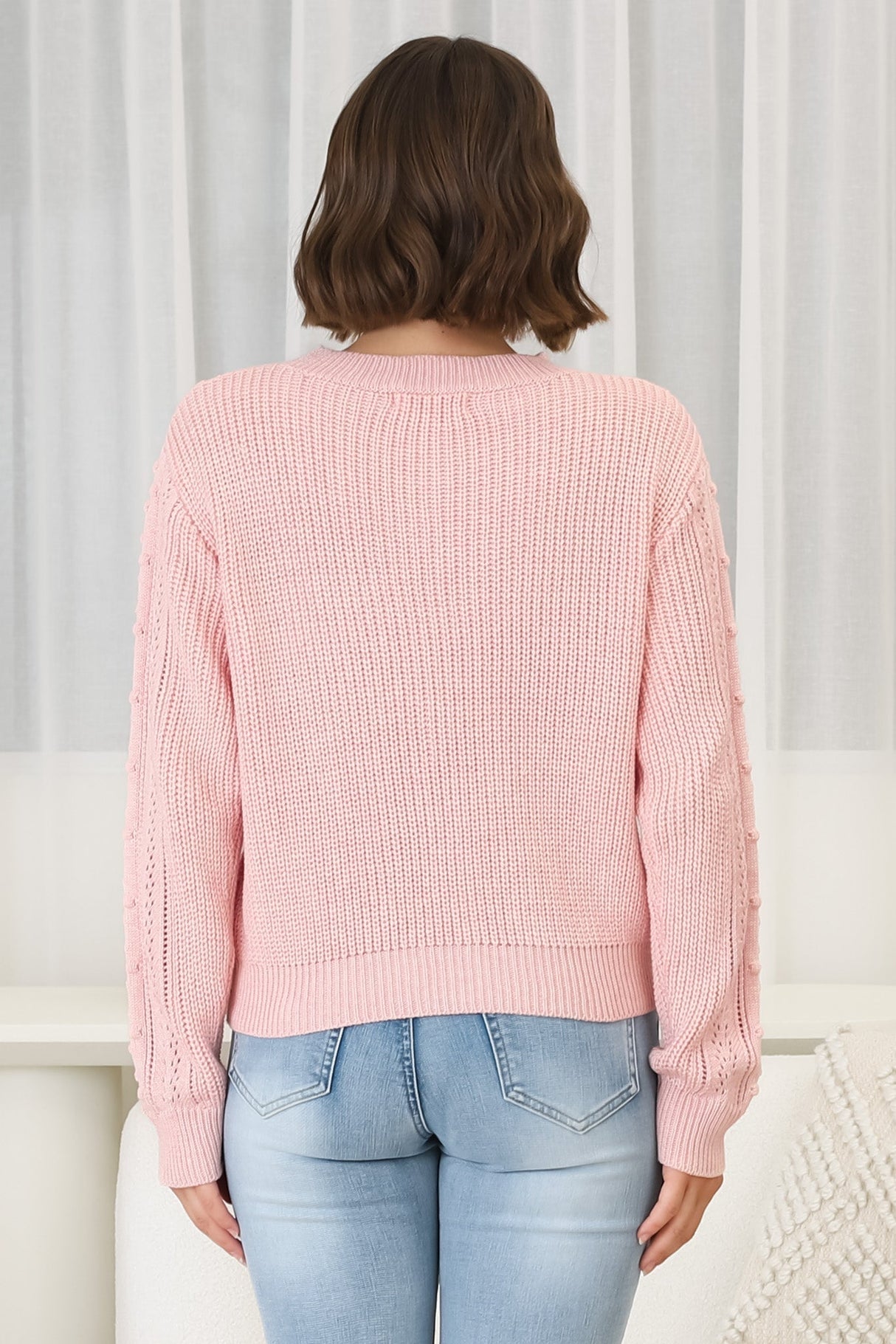 Ruthie Knit Top - Pom Pom Open Knit Decal Jumper in Blush