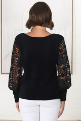 Romina Jumper - V Neck Lace Sleeve Jumper in Black