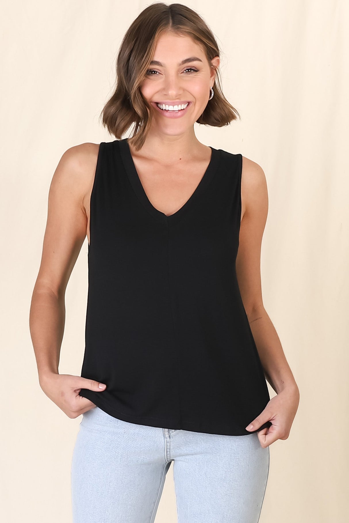 Sienna Tank Top - Soft V Neck Slight High-Low Top in Black