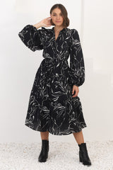 Brea Midi Dress - High Mandarin Collar Button Down Dress in Ivy Print Black