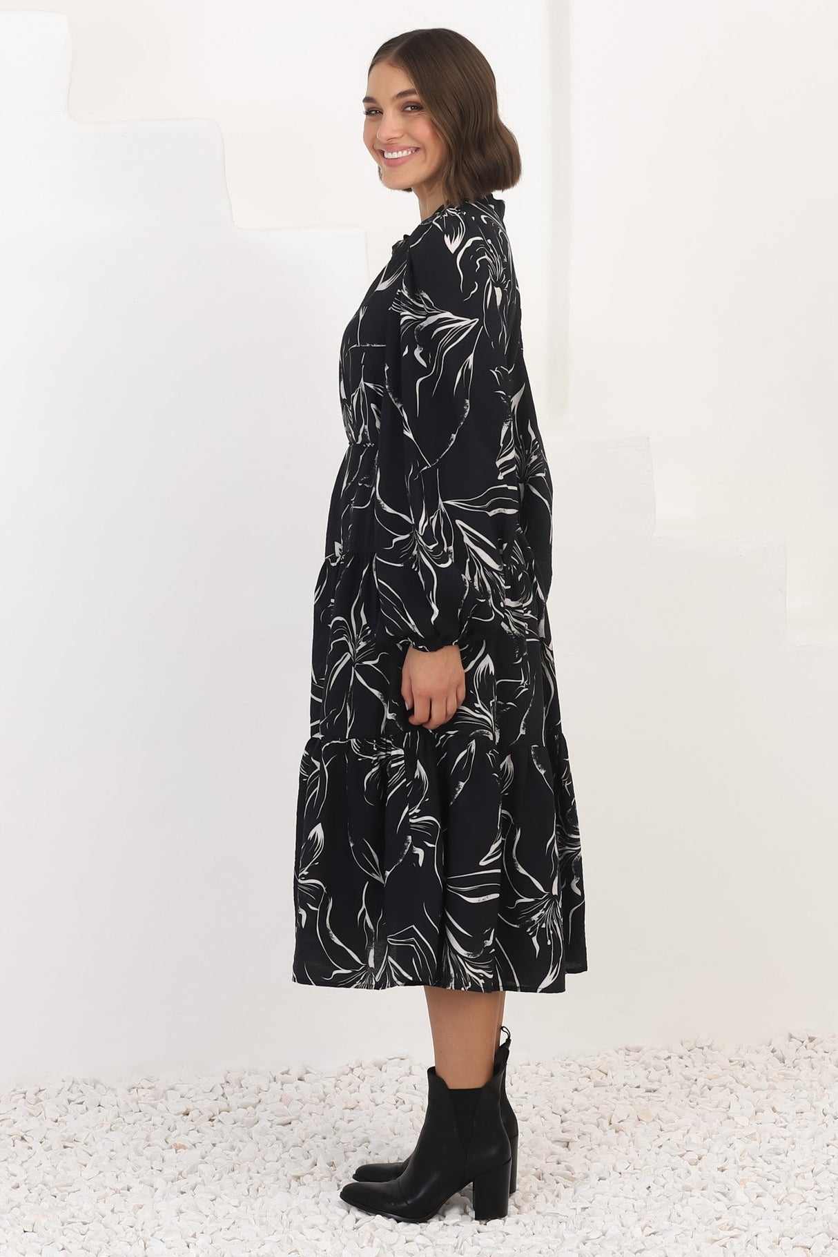 Brea Midi Dress - High Mandarin Collar Button Down Dress in Ivy Print Black