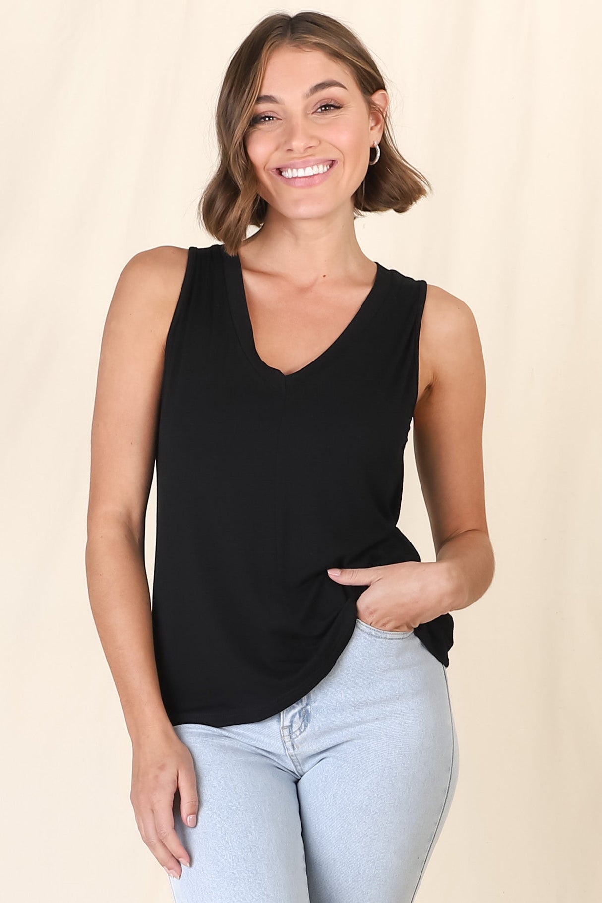 Sienna Tank Top - Soft V Neck Slight High-Low Top in Black