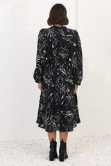 Brea Midi Dress - High Mandarin Collar Button Down Dress in Ivy Print Black