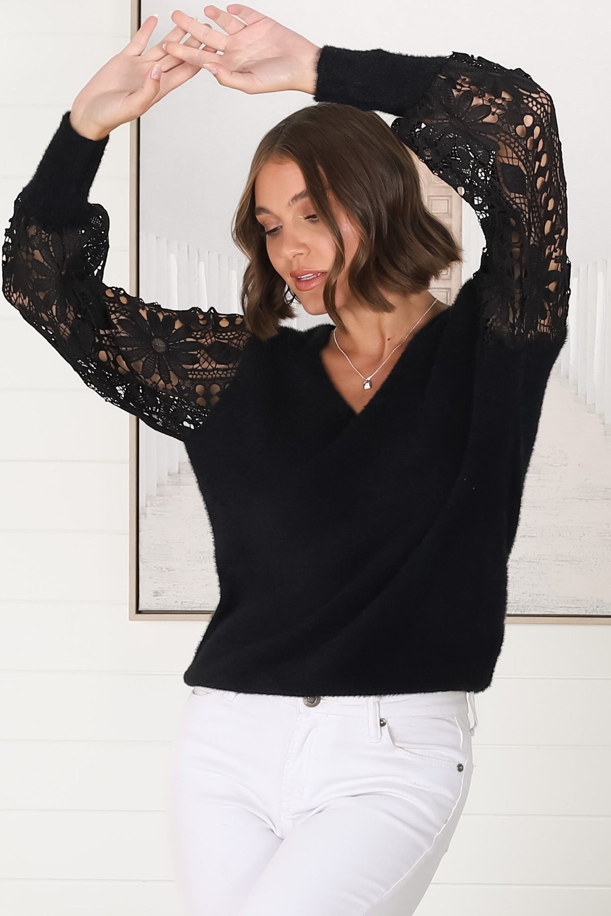 Romina Jumper - V Neck Lace Sleeve Jumper in Black