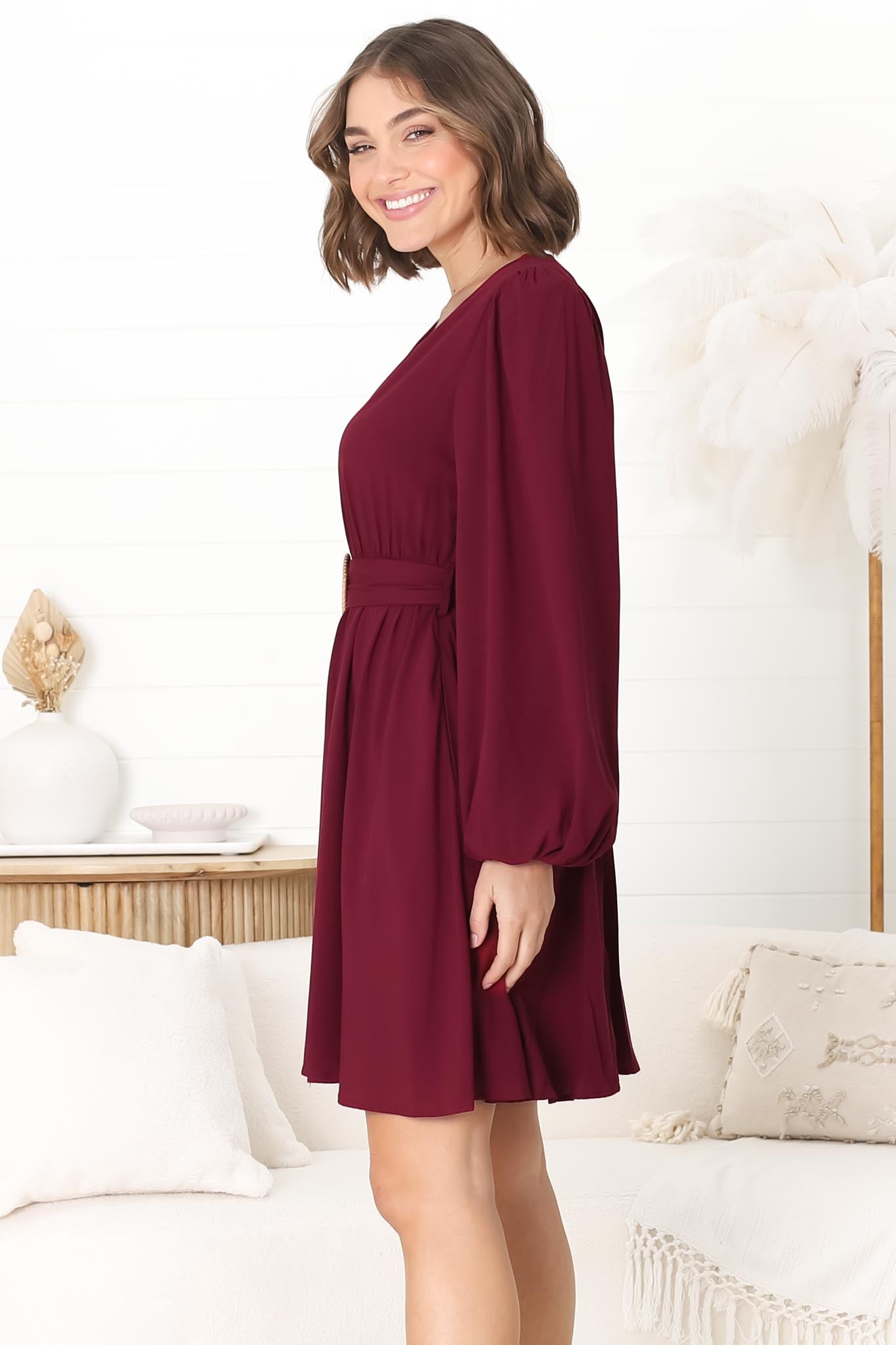 Lyna Mini Dress - A Line Dress with Statement Rattan Buckle Belt in Wine