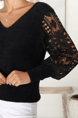 Romina Jumper - V Neck Lace Sleeve Jumper in Black