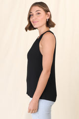 Sienna Tank Top - Soft V Neck Slight High-Low Top in Black