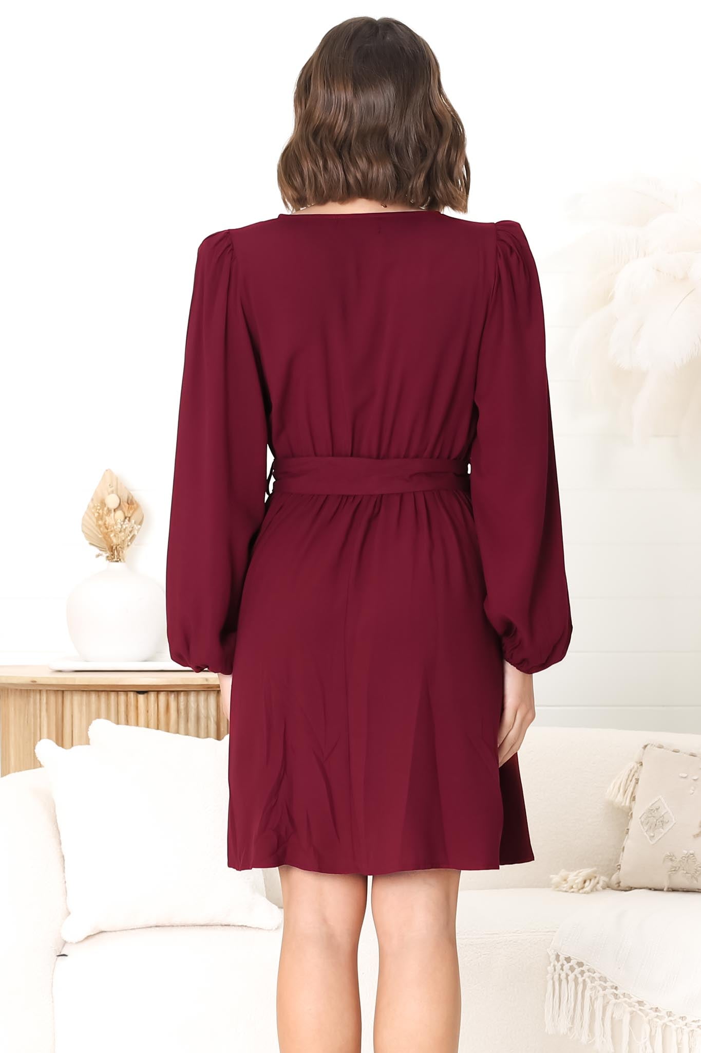 Lyna Mini Dress - A Line Dress with Statement Rattan Buckle Belt in Wine