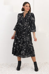 Brea Midi Dress - High Mandarin Collar Button Down Dress in Ivy Print Black