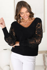 Romina Jumper - V Neck Lace Sleeve Jumper in Black