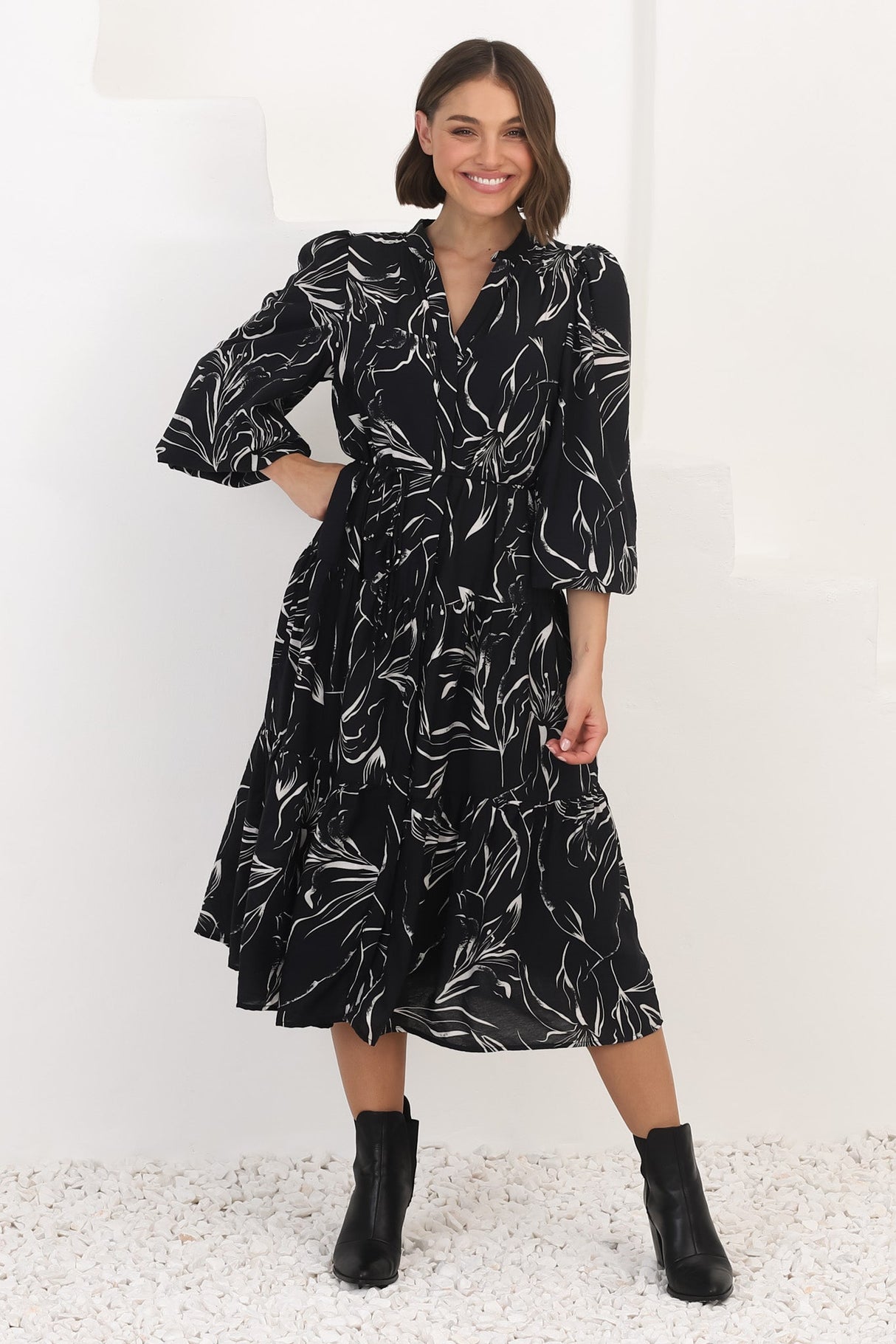 Brea Midi Dress - High Mandarin Collar Button Down Dress in Ivy Print Black