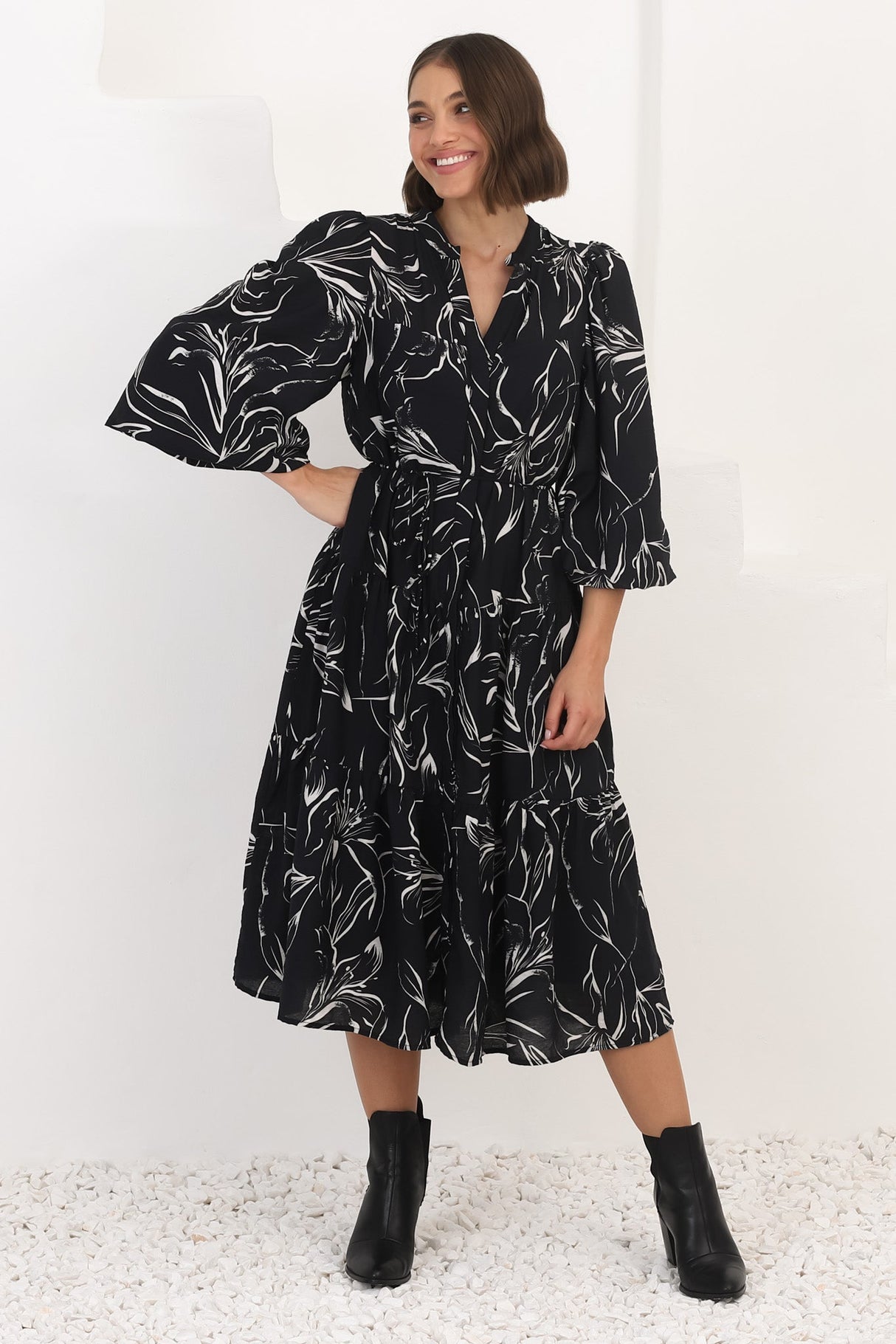 Brea Midi Dress - High Mandarin Collar Button Down Dress in Ivy Print Black