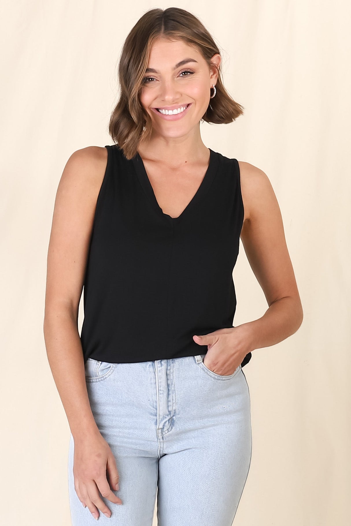 Sienna Tank Top - Soft V Neck Slight High-Low Top in Black