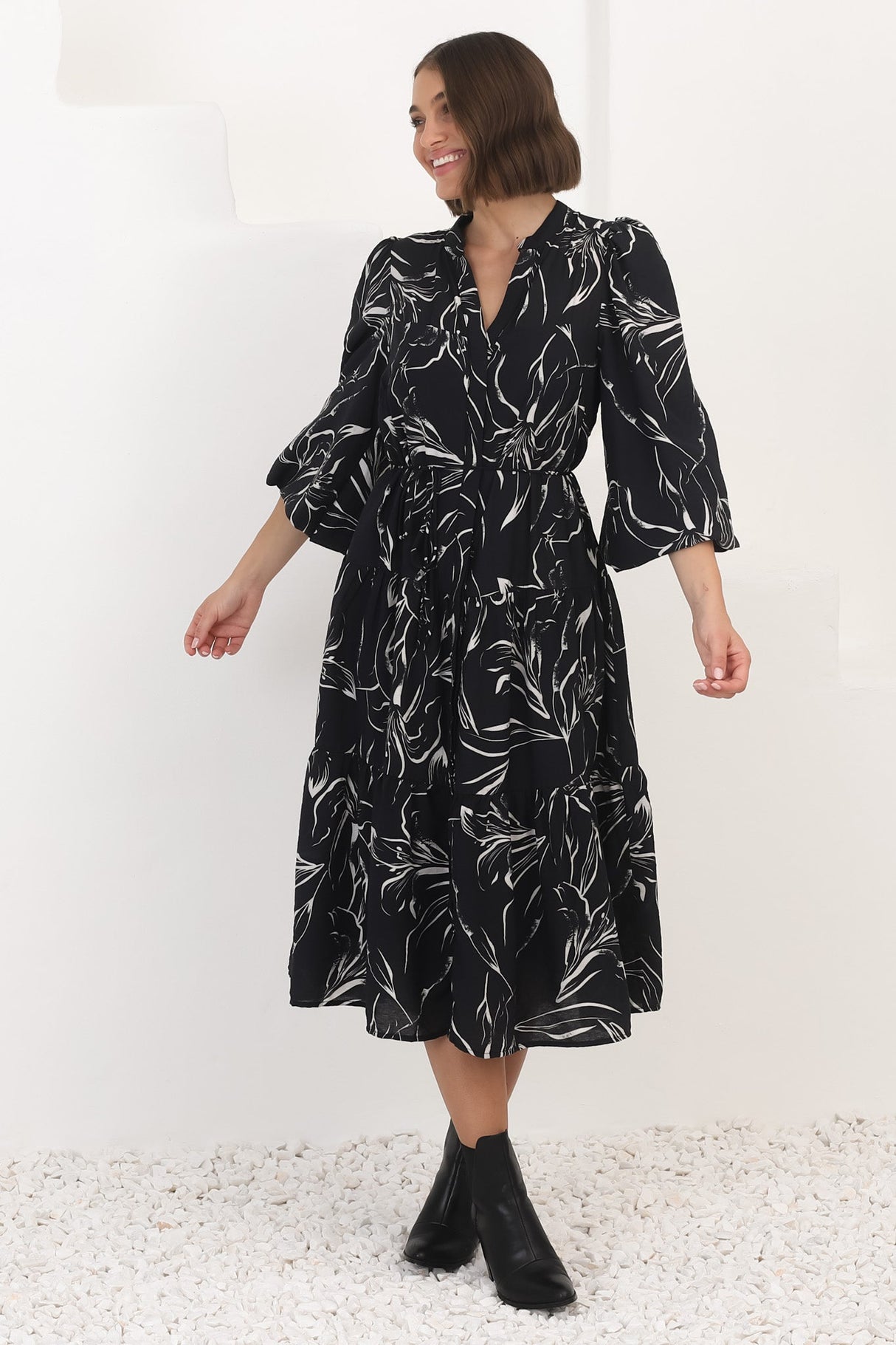 Brea Midi Dress - High Mandarin Collar Button Down Dress in Ivy Print Black