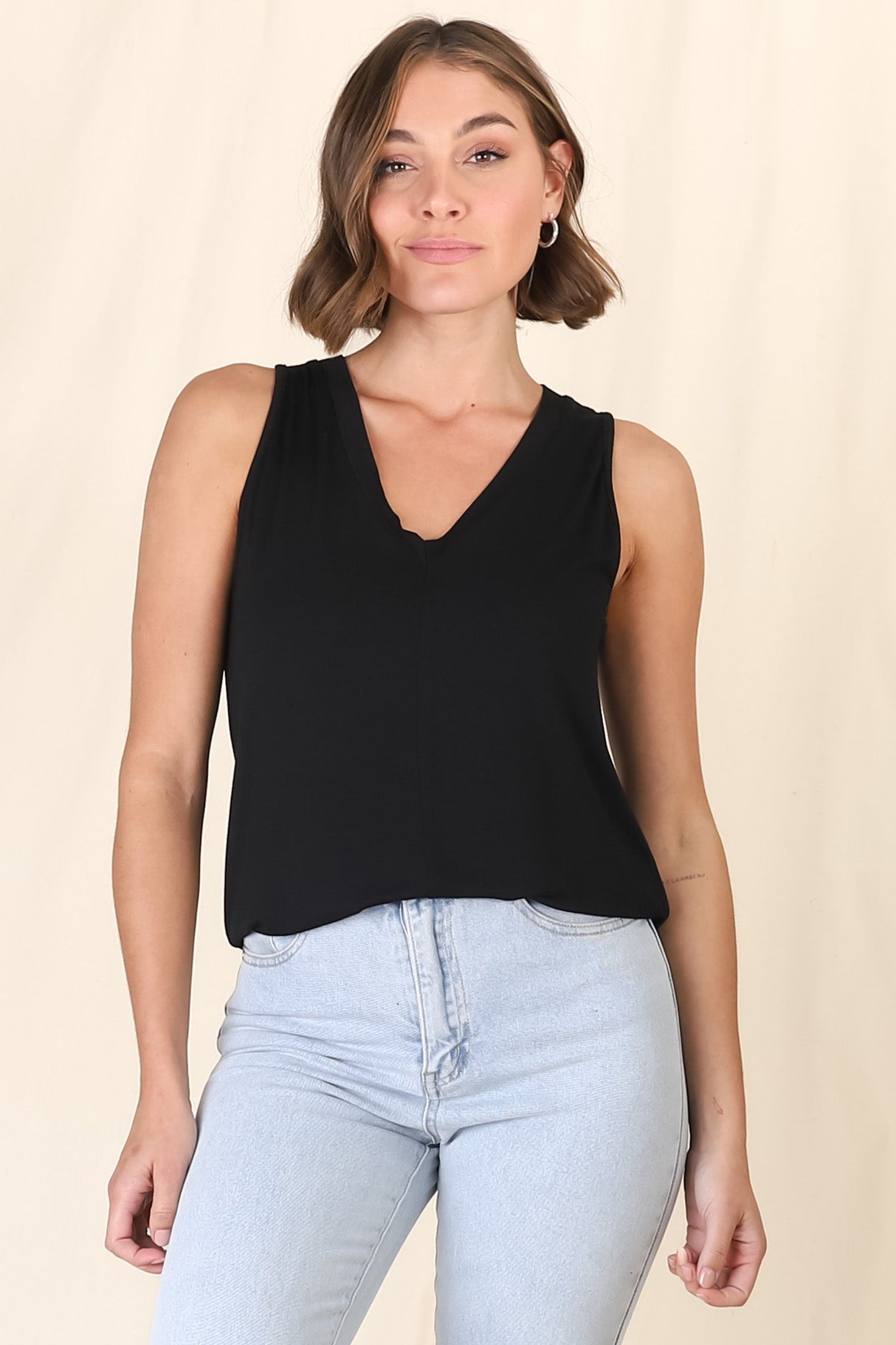 Sienna Tank Top - Soft V Neck Slight High-Low Top in Black