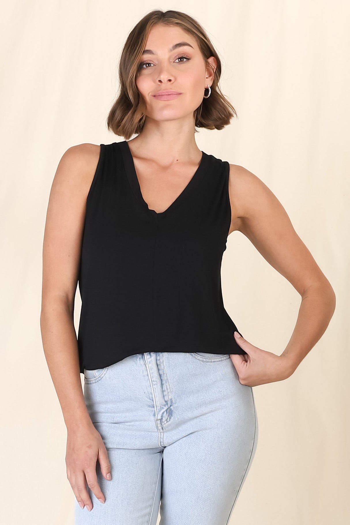 Sienna Tank Top - Soft V Neck Slight High-Low Top in Black