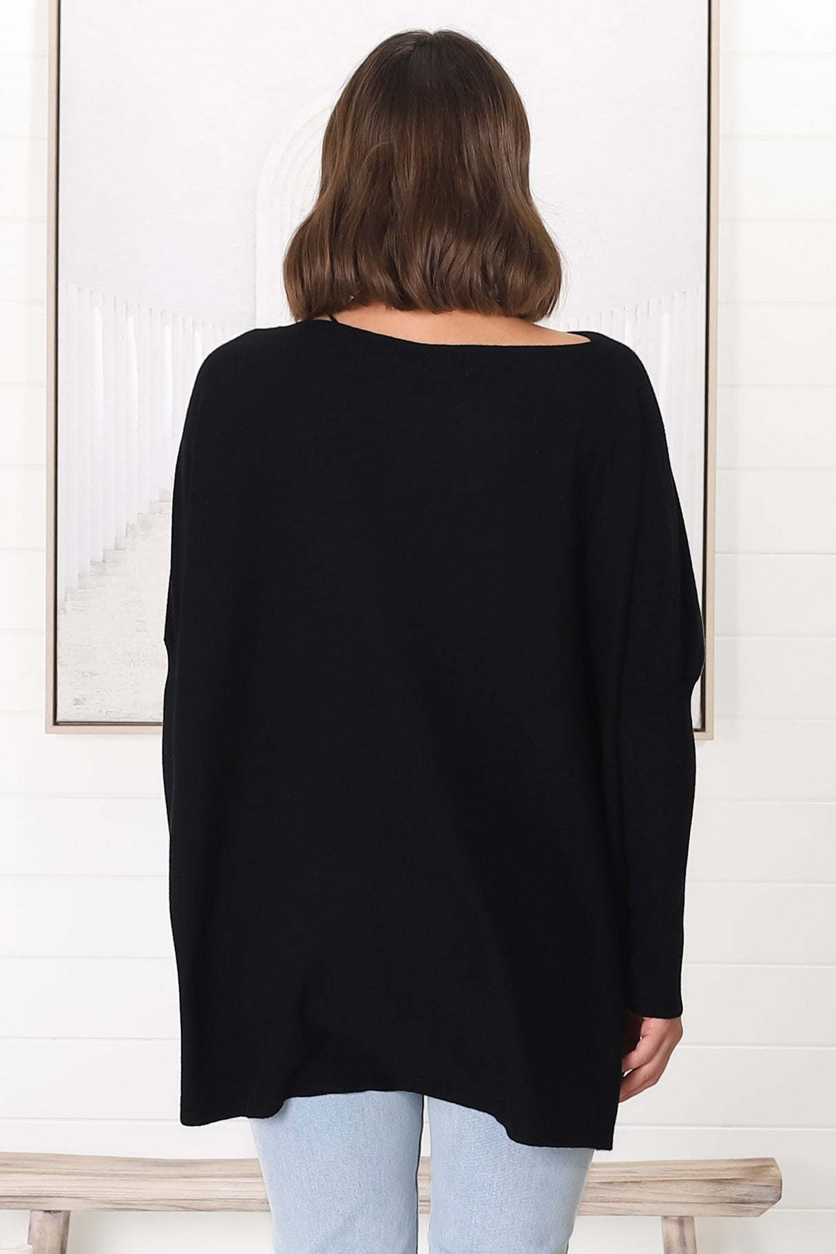 Belinda Knit Top - Boat Neckline Boxy Batwing Top in Black