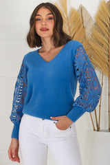 Romina Jumper - V Neck Lace Sleeve Jumper in Blue