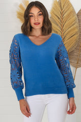 Romina Jumper - V Neck Lace Sleeve Jumper in Blue