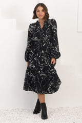 Brea Midi Dress - High Mandarin Collar Button Down Dress in Ivy Print Black