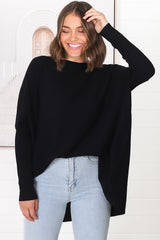 Belinda Knit Top - Boat Neckline Boxy Batwing Top in Black