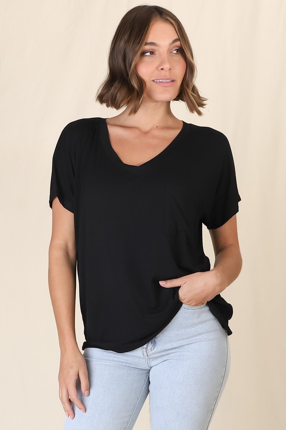 Rose T-Shirt - Relaxed Tee with Bust Pocket Detail in Black