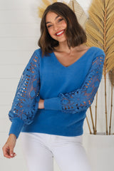 Romina Jumper - V Neck Lace Sleeve Jumper in Blue