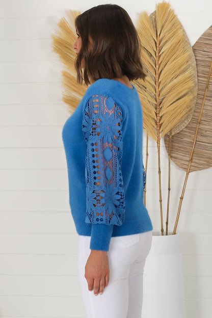 Romina Jumper - V Neck Lace Sleeve Jumper in Blue