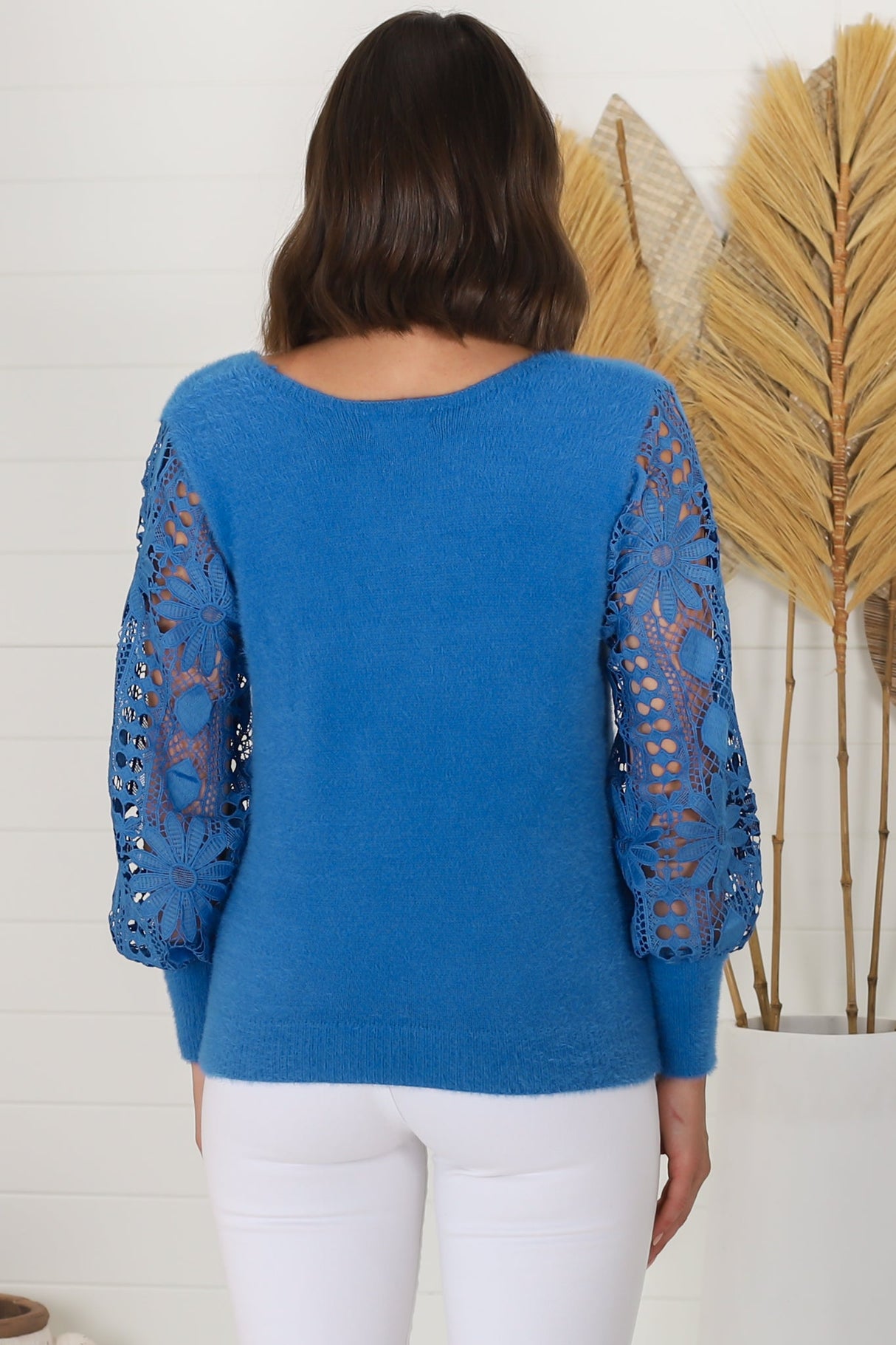 Romina Jumper - V Neck Lace Sleeve Jumper in Blue