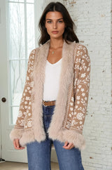 Wolfe Jacket - Faux Fur Trim Open Knit Jacket in Camel