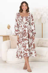 Samera Midi Dress - On or Off Shoulder A Line Dress in Kacia Print Brown