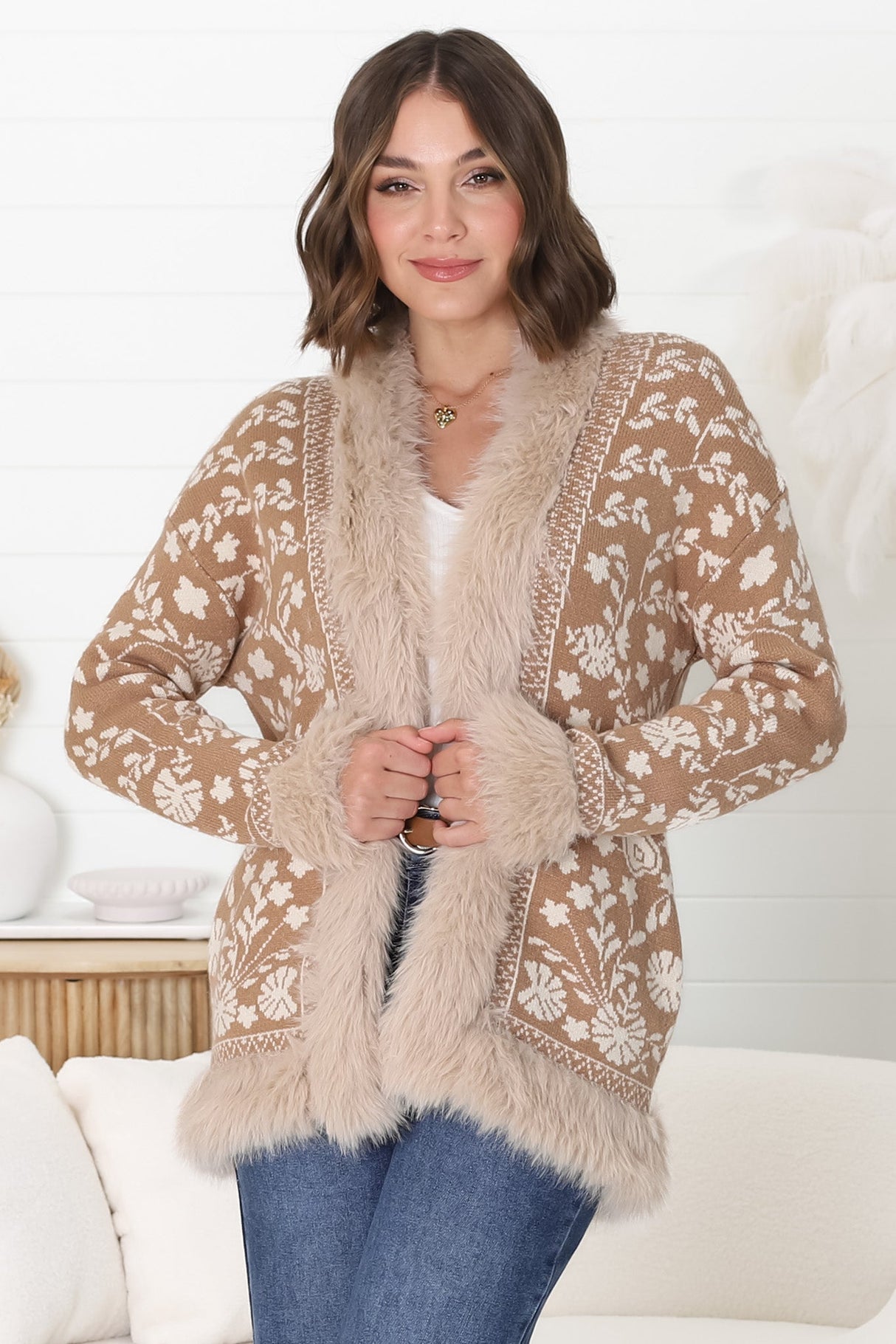 Wolfe Jacket - Faux Fur Trim Open Knit Jacket in Camel