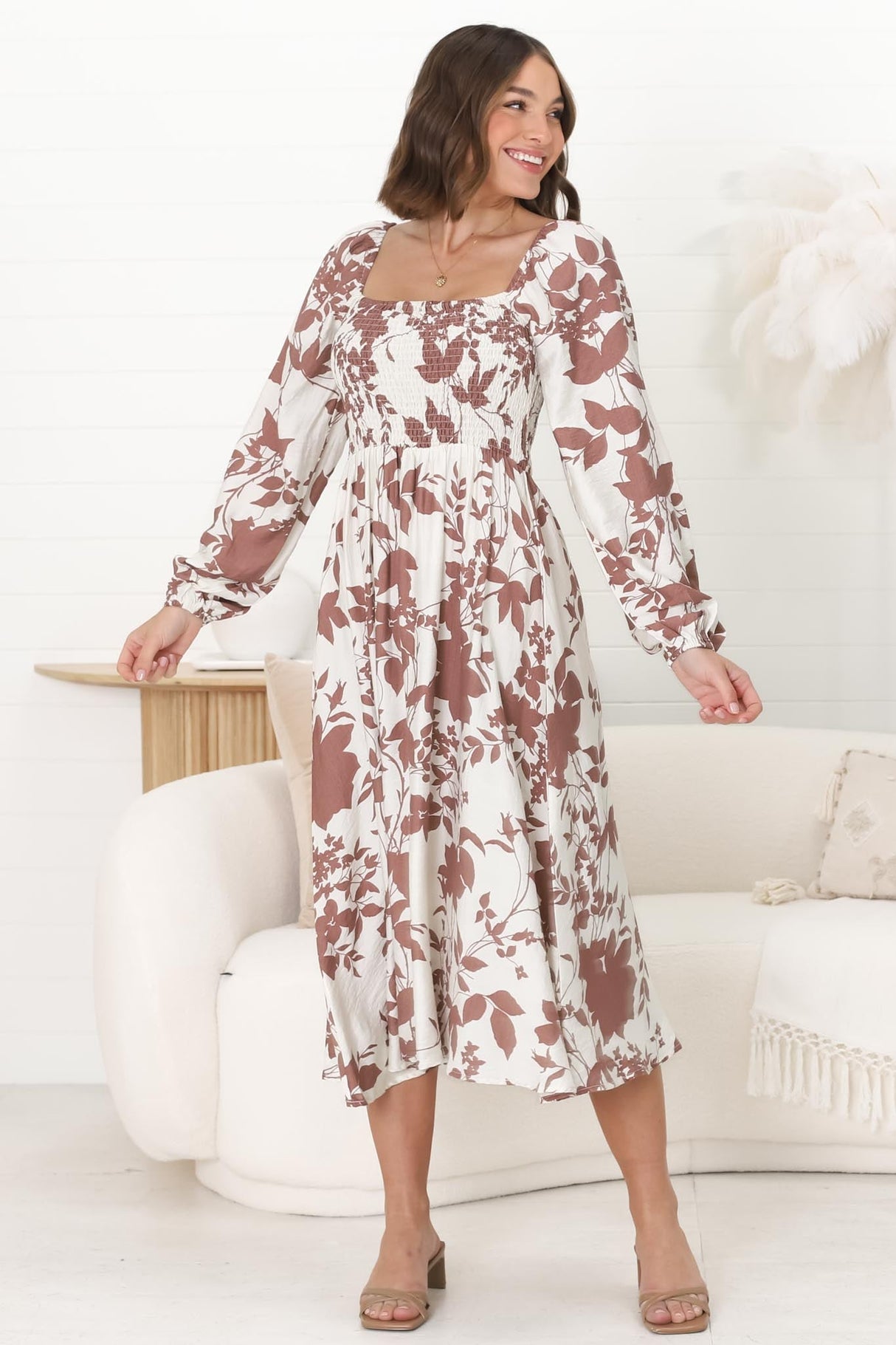 Samera Midi Dress - On or Off Shoulder A Line Dress in Kacia Print Brown