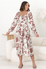 Samera Midi Dress - On or Off Shoulder A Line Dress in Kacia Print Brown