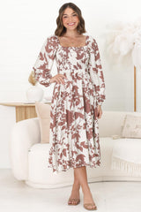 Samera Midi Dress - On or Off Shoulder A Line Dress in Kacia Print Brown