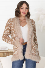 Wolfe Jacket - Faux Fur Trim Open Knit Jacket in Camel