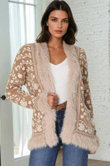 Wolfe Jacket - Faux Fur Trim Open Knit Jacket in Camel