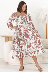 Samera Midi Dress - On or Off Shoulder A Line Dress in Kacia Print Brown