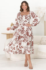 Samera Midi Dress - On or Off Shoulder A Line Dress in Kacia Print Brown