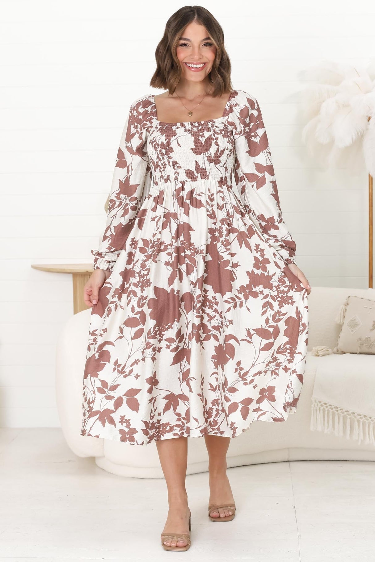 Samera Midi Dress - On or Off Shoulder A Line Dress in Kacia Print Brown