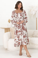 Samera Midi Dress - On or Off Shoulder A Line Dress in Kacia Print Brown