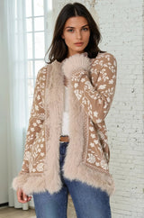 Wolfe Jacket - Faux Fur Trim Open Knit Jacket in Camel